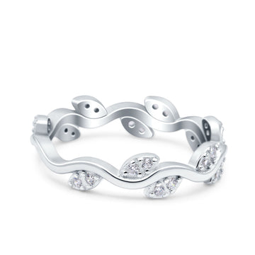 Leaf Eternity Ring Engagement Band Round Pave Simulated CZ 925 Sterling Silver (5mm)